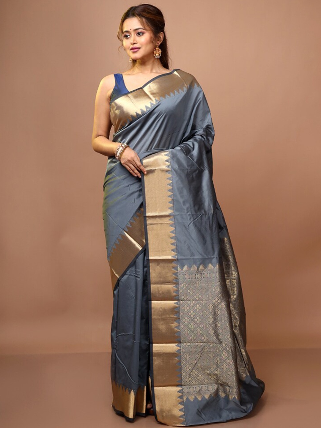 AllSilks Grey & Gold-Toned Zari Pure Silk Kanjeevaram Saree