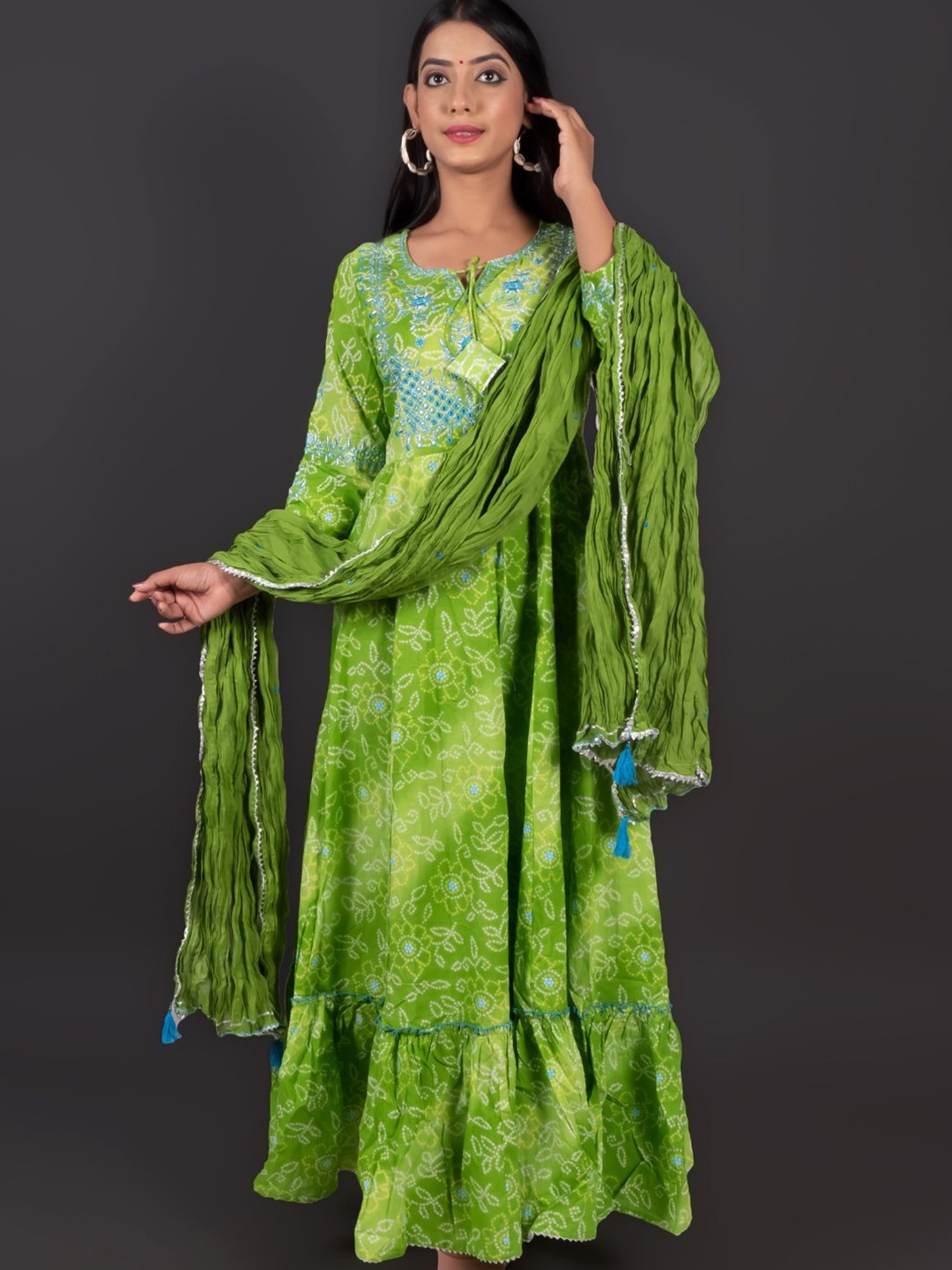 Zolo Label Bandhani Printed Mirror Work Maxi Cotton Ethnic Dress with Dupatta, Green
Zolo Label Bandhani Printed Mirror Work Maxi Cotton Ethnic Dress with Dupatta, Green