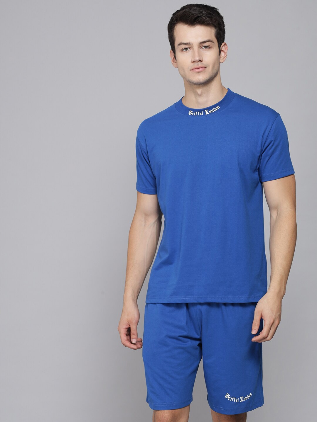 GRIFFEL Men Printed T-shirt With Shorts Pure Cotton Co-Ords, Blue