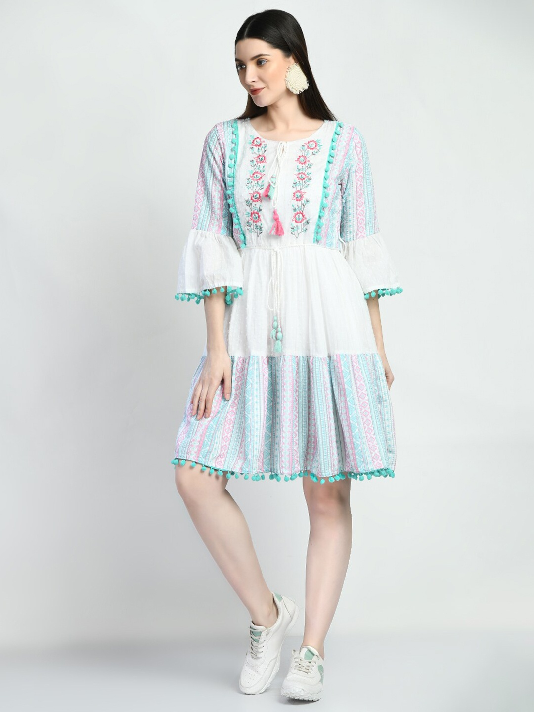 TBOJ Floral Embroidered Bell Sleeve Fit & Flare Dress, White