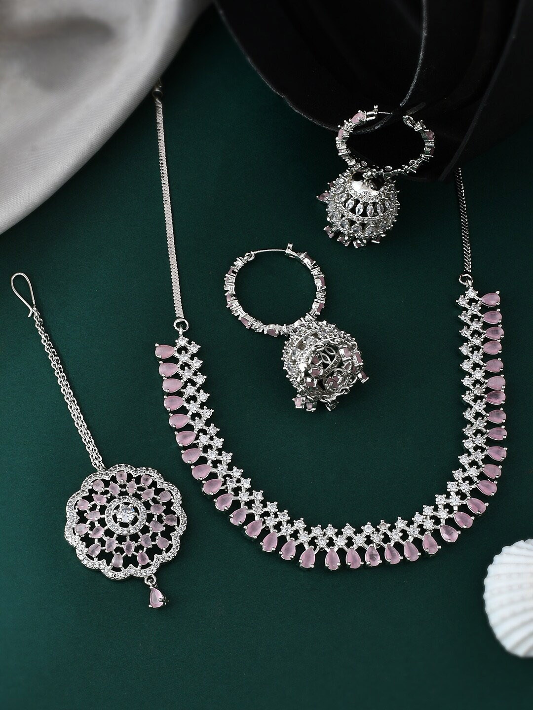 Silvermerc Designs Silver-Plated AD-Studded Necklace With Earrings & Maang Tikka Set
Silvermerc Designs Silver-Plated AD-Studded Necklace With Earrings & Maang Tikka Set