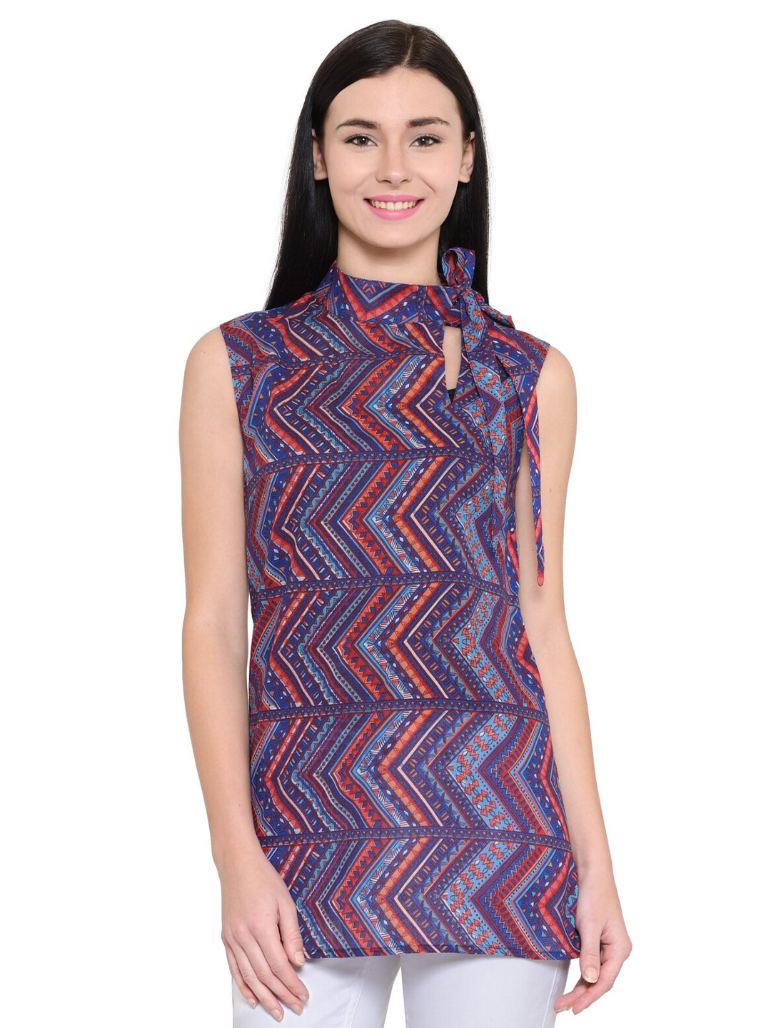 Zastraa Purple Geometric Print Crepe Top