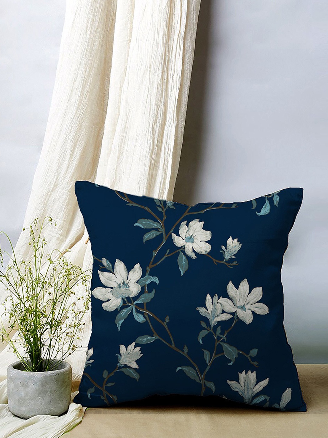 SPACES Elegent Blue & Green 5 Pieces Floral Printed Velvet Square Cushion Covers