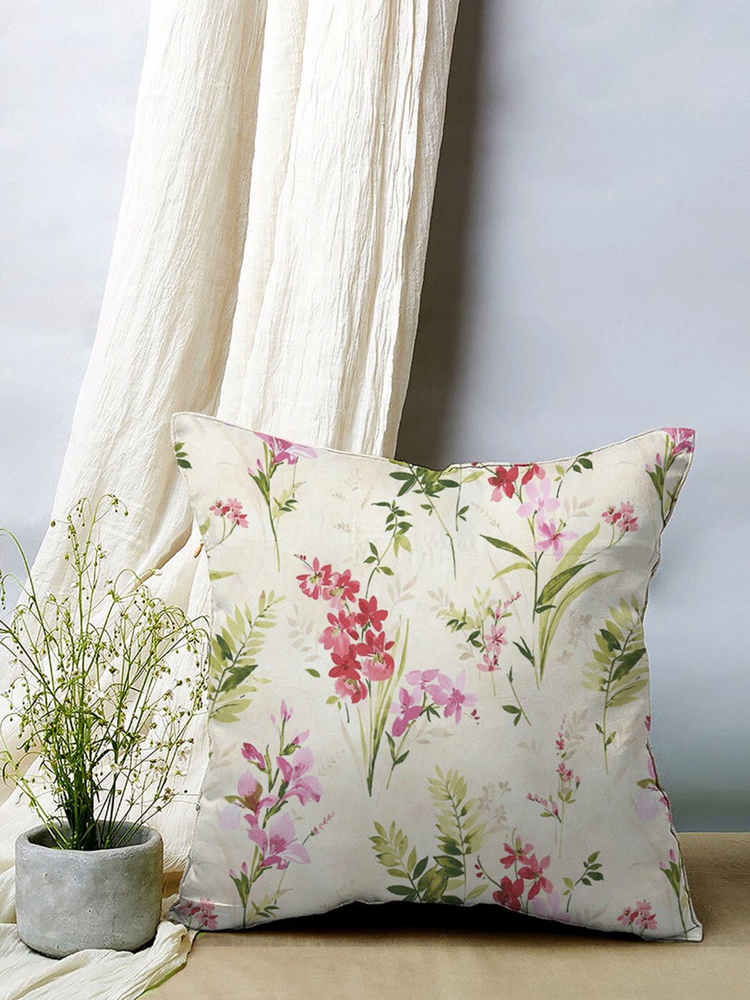 SPACES Elegent Peach-Coloured & Cream-Coloured 5 Pcs Floral Velvet Square Cushion Covers