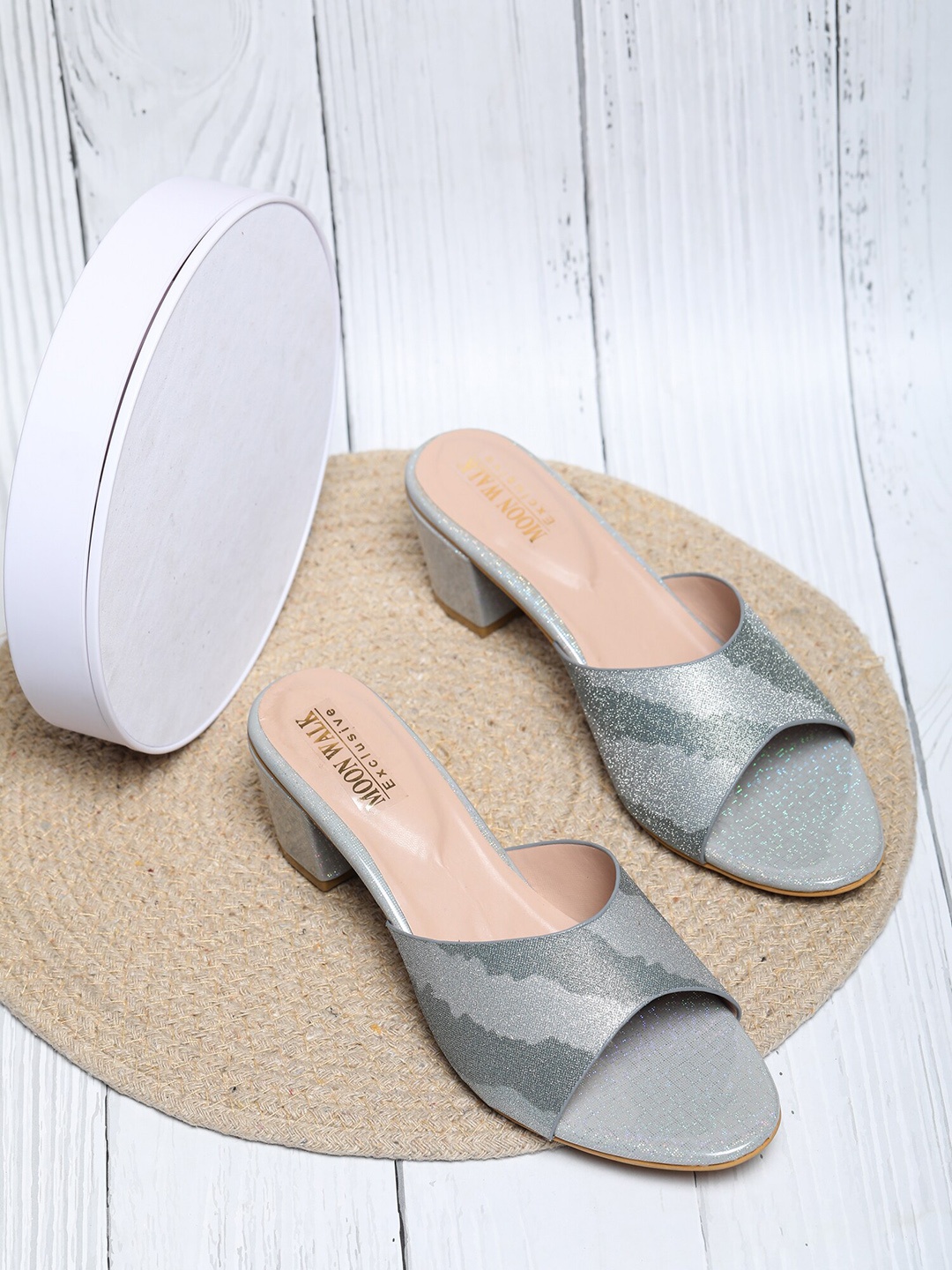 Moonwalk Printed Open Toe Block Heels, Grey