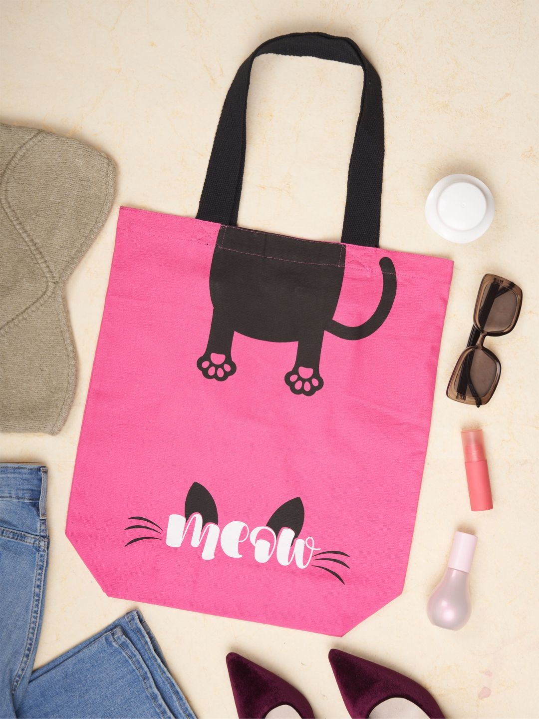 Doodle Whiskers Typography Printed Cotton Structured Tote Bag, Pink