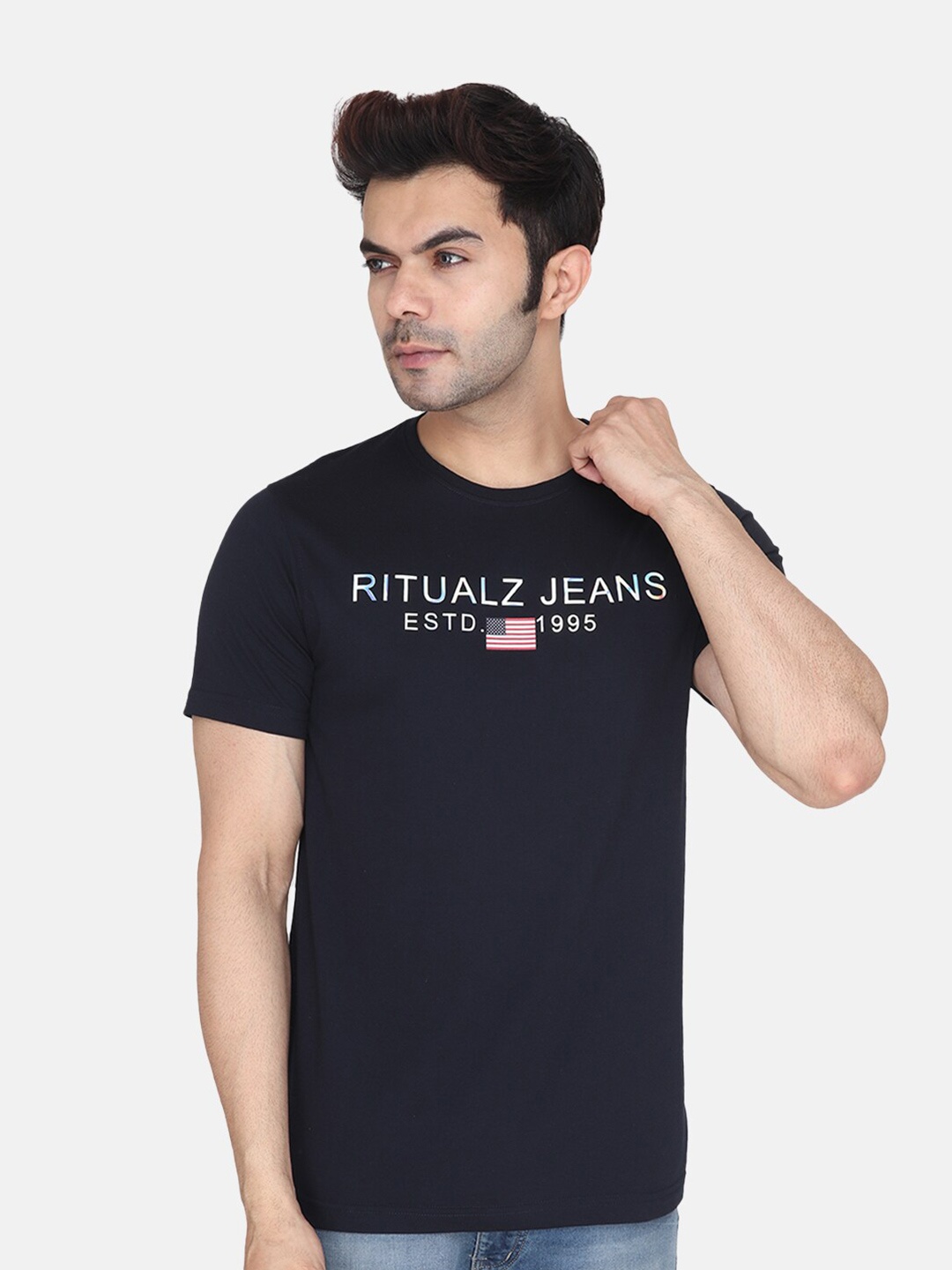 Albion Relaxed Fit Typography Printed Pure Cotton T-shirt, Navy blue