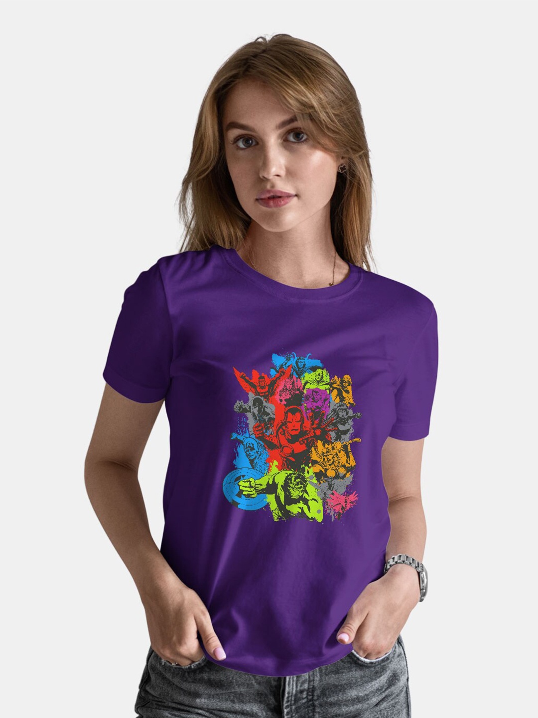 macmerise Marvel Printed Bio Finish Cotton Loose T-Shirt, Purple