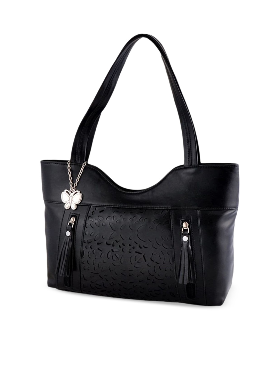 Butterflies Textured Structured Shoulder Bag, Black