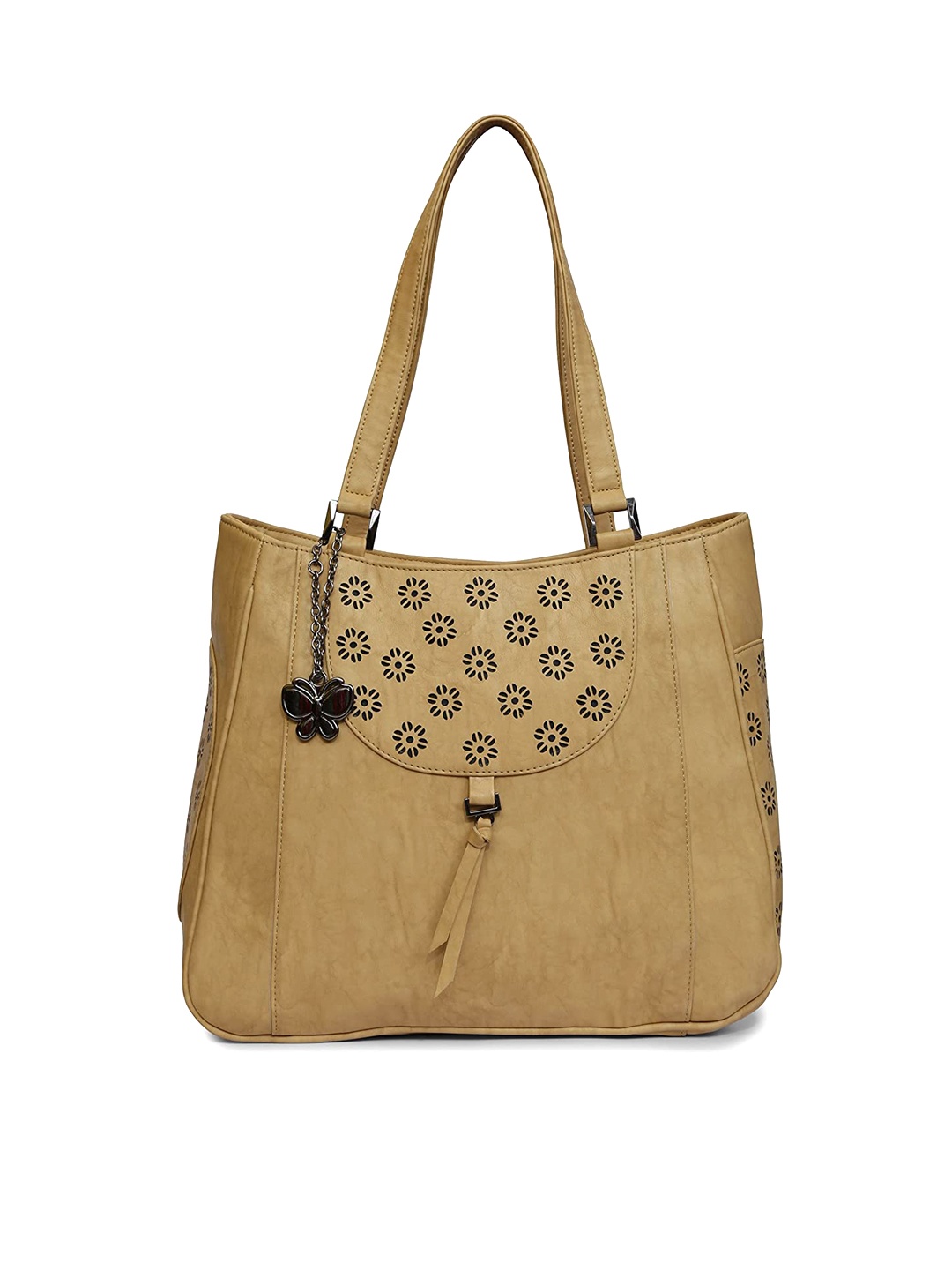 Butterflies Floral Printed Structured Handheld Bag, Beige