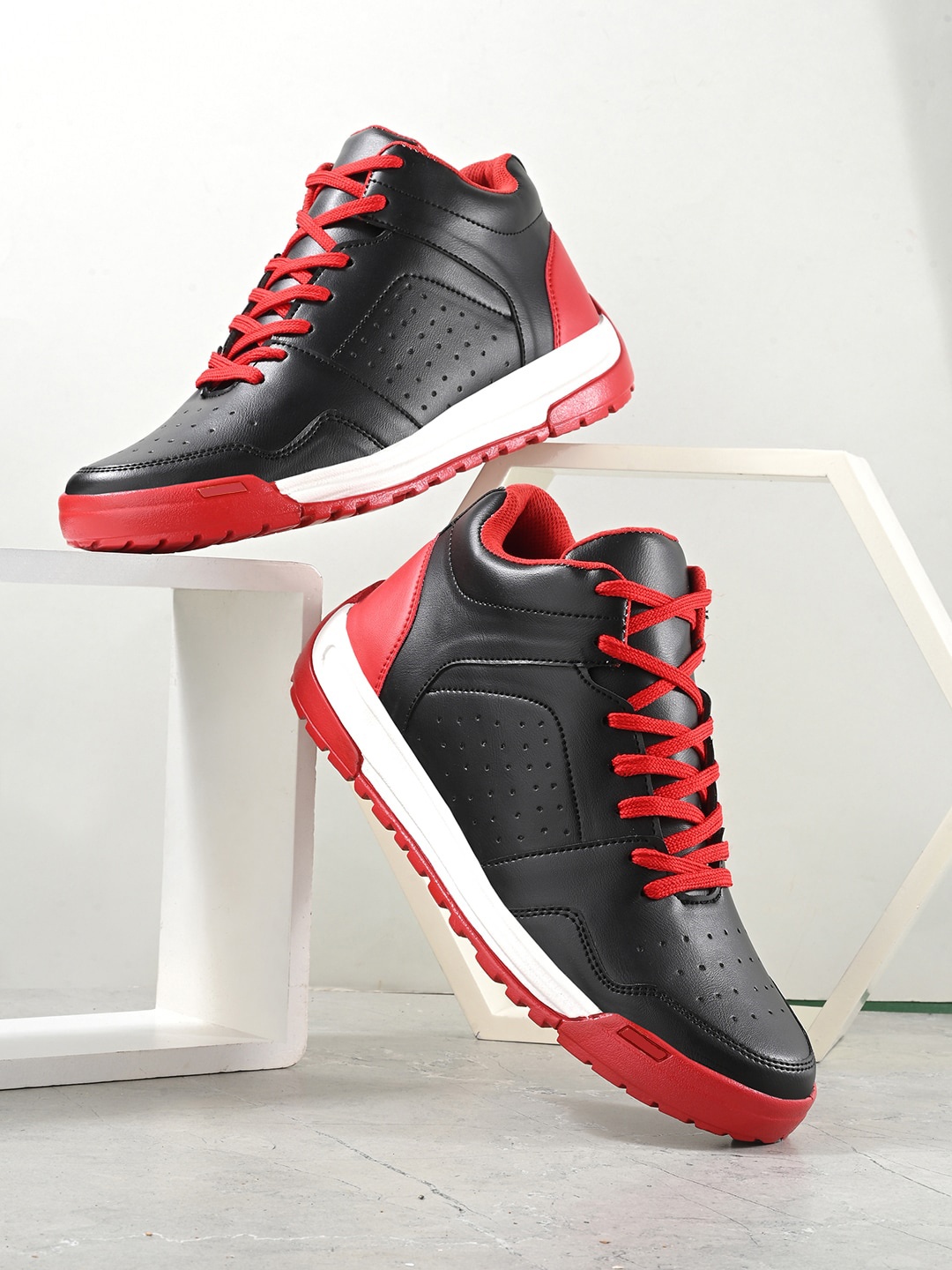 Mast & Harbour Men Black & Red Perforations Mid Top Comfort Insole Contrast Sole Sneakers
Mast & Harbour Men Black & Red Perforations Mid Top Comfort Insole Contrast Sole Sneakers