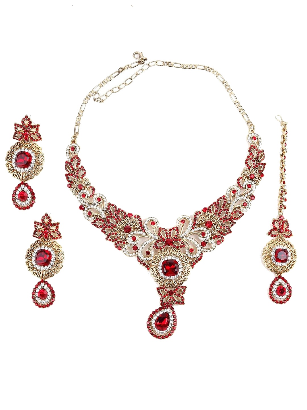 ODETTE Stone Studded Necklace & Earrings Set With Maang Tika, Red