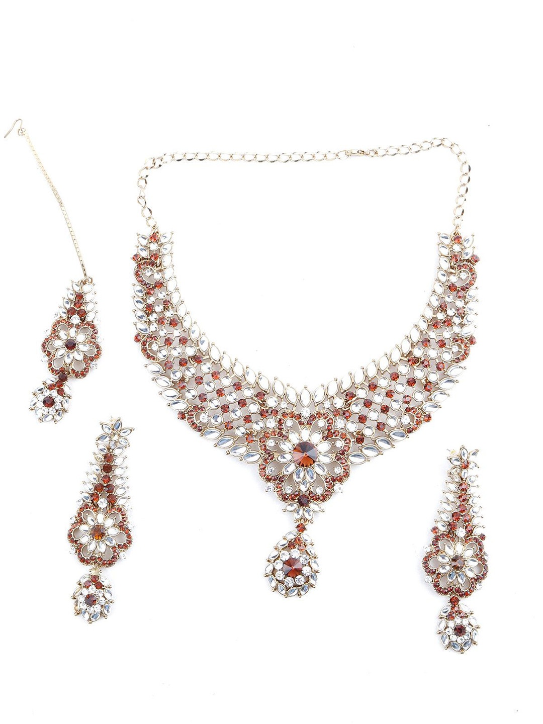 ODETTE Gold-Plated Kundan-Studded Necklace & Earrings Set, Brown