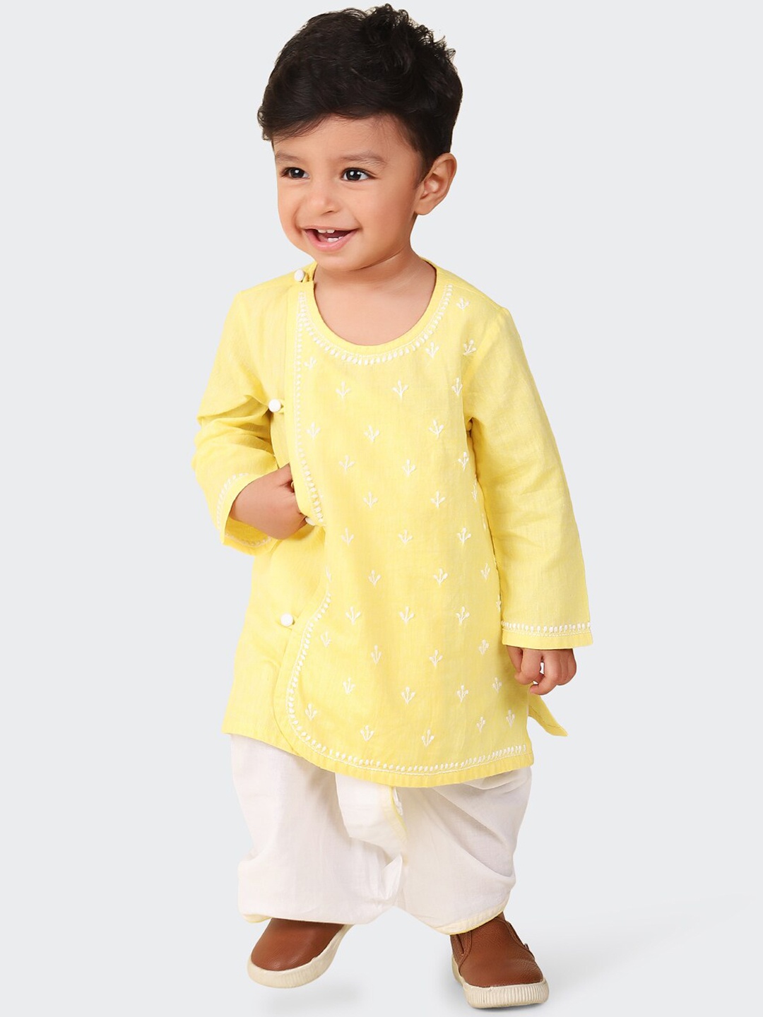Fabindia Infants Boys Embroidered Cotton Kurta Set, Yellow