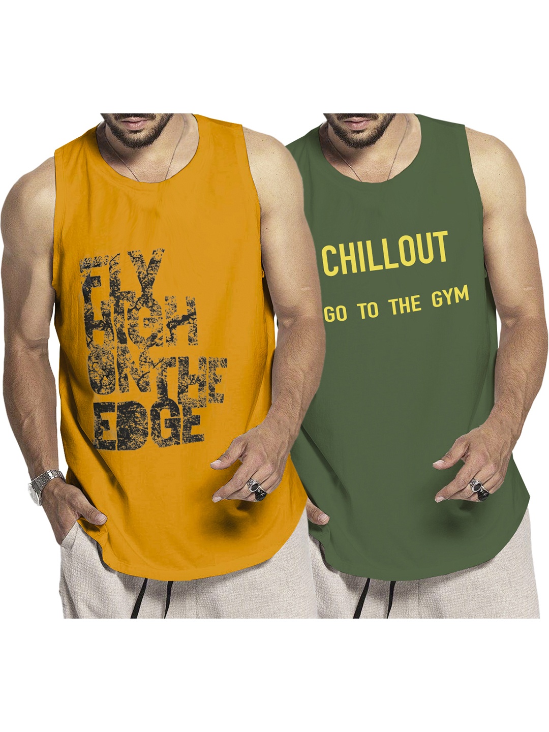 TRIPR Pack Of 2 Printed Cotton Gym Vests, Olive