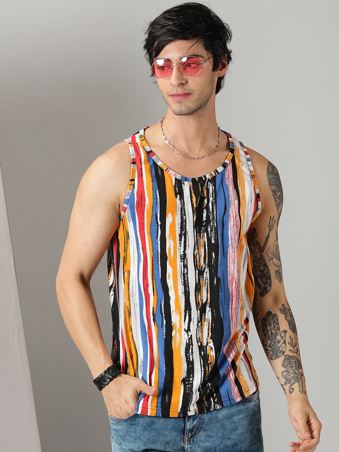 Rodzen Striped Round Neck Cotton T-shirt, Yellow