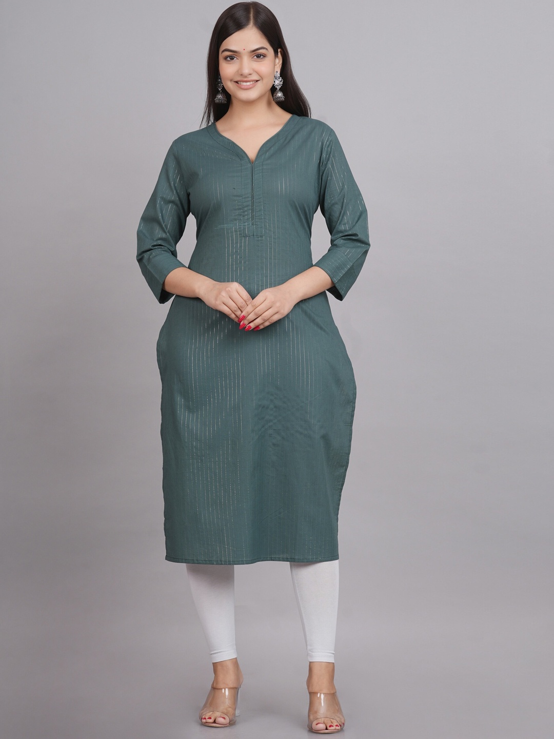 SkyaSia Striped V Neck Straight Kurta, Teal