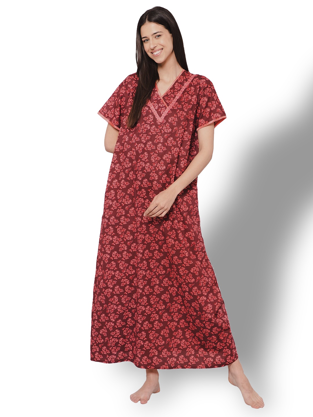 Winza Designer Floral Printed Pure Cotton Maxi Nightdress, Maroon