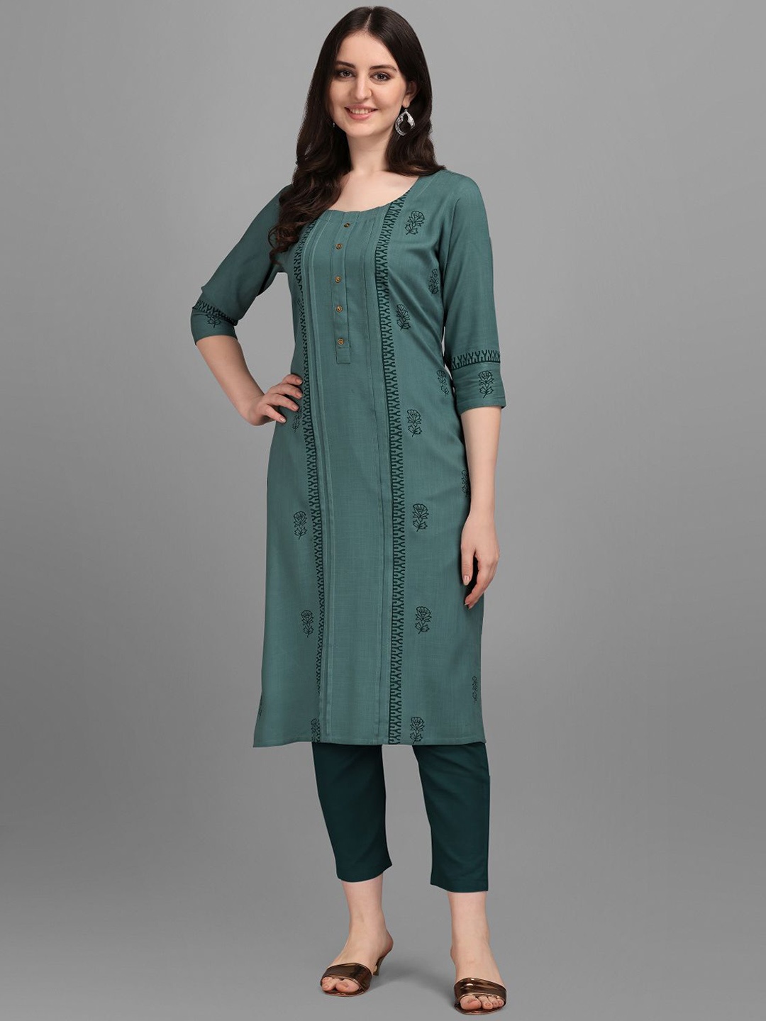 DEETYA ARTS Floral Printed Panelled Kurta, Green