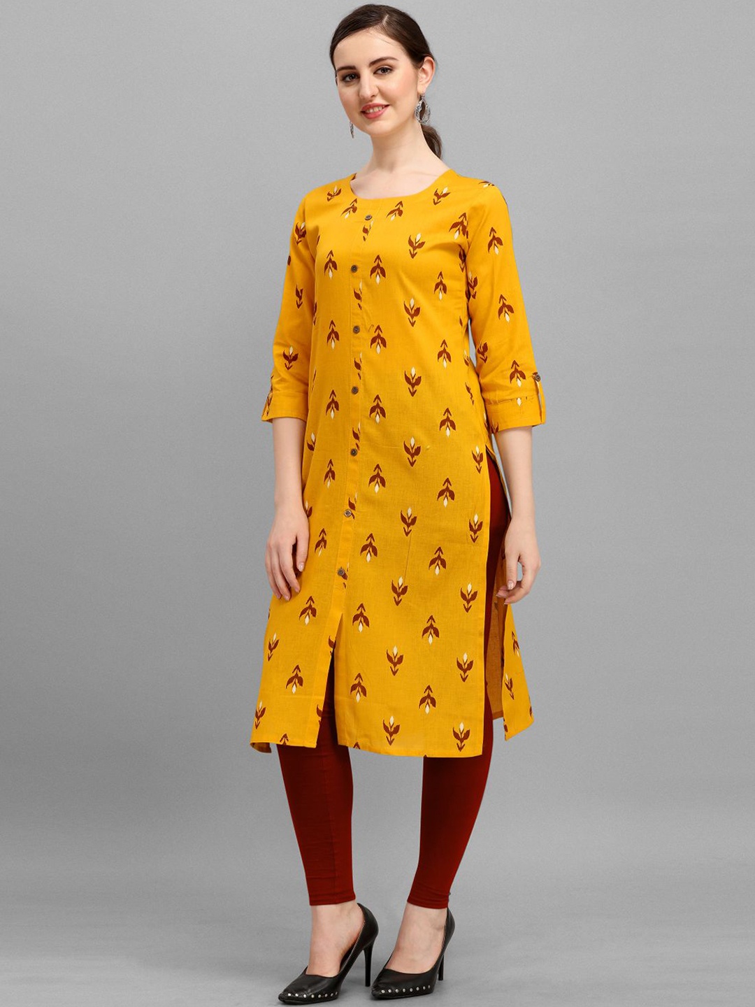 DEETYA ARTS Ethnic Motifs Printed Pure Cotton Kurta, Mustard
