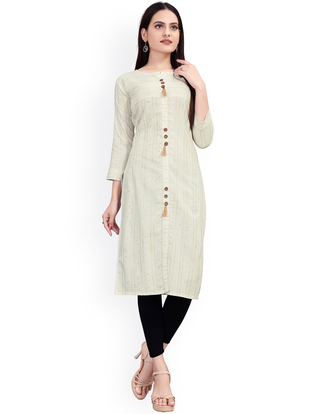 DEETYA ARTS Striped Sequined Cotton Kurta, Off white