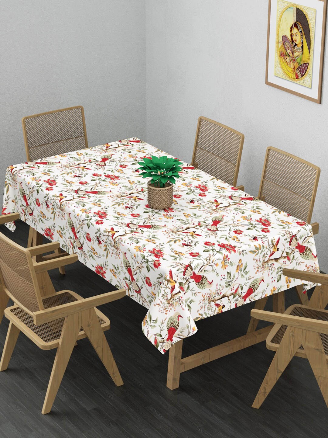 Gulaab Jaipur Cream & Red Printed Cotton 6-Seater Table Cover