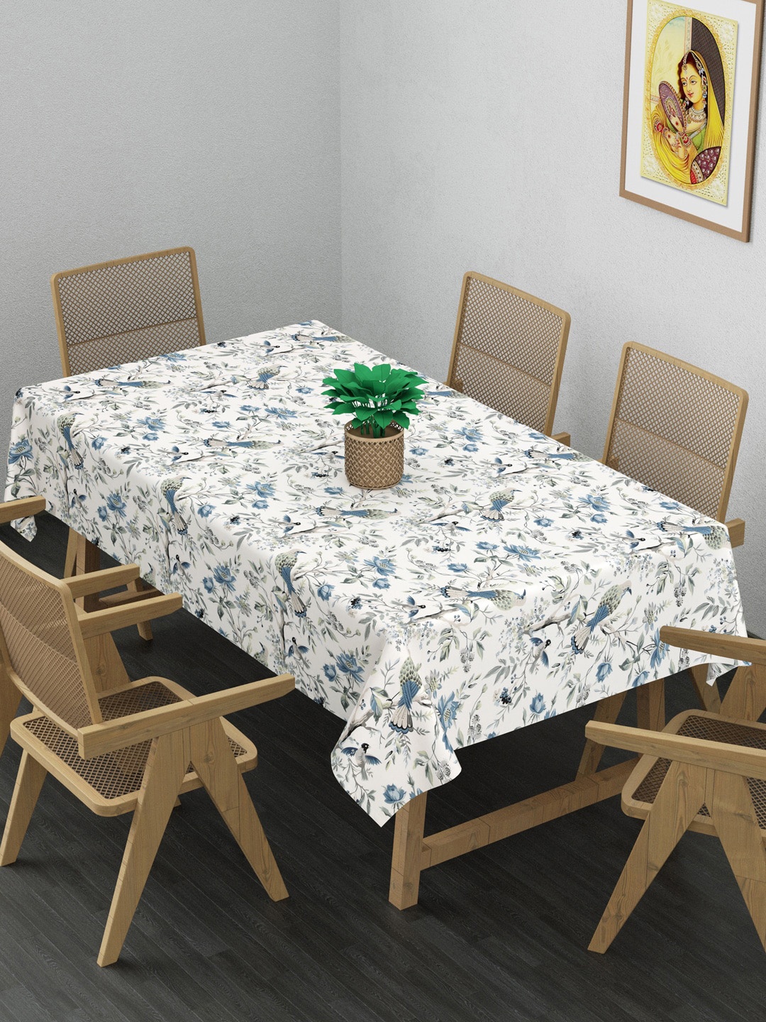 Gulaab Jaipur Cream & Blue Printed Cotton 6-Seater Table Cover