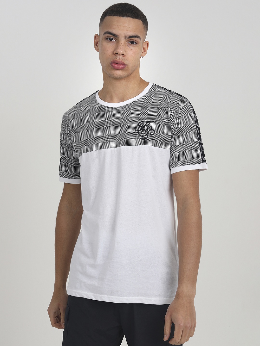 BRAVE SOUL Pure Cotton Houndstooth Colourblocked T-shirt, White
