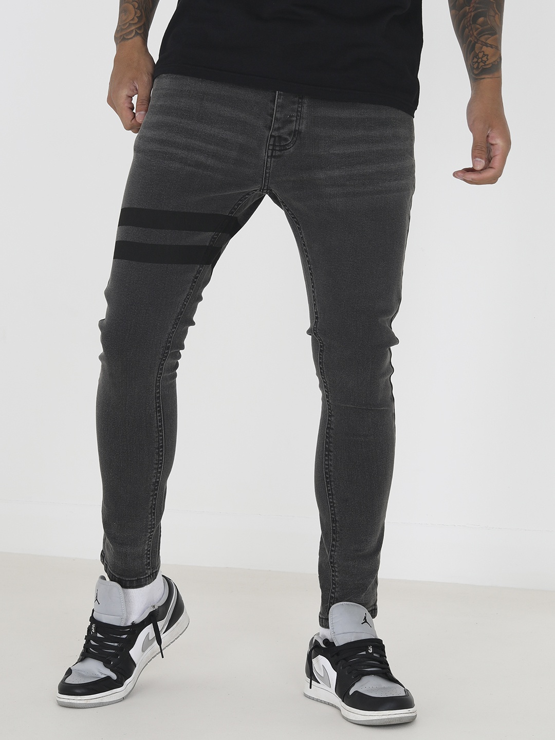 BRAVE SOUL Men Skinny Fit Printed Stretchable Jeans, Charcoal