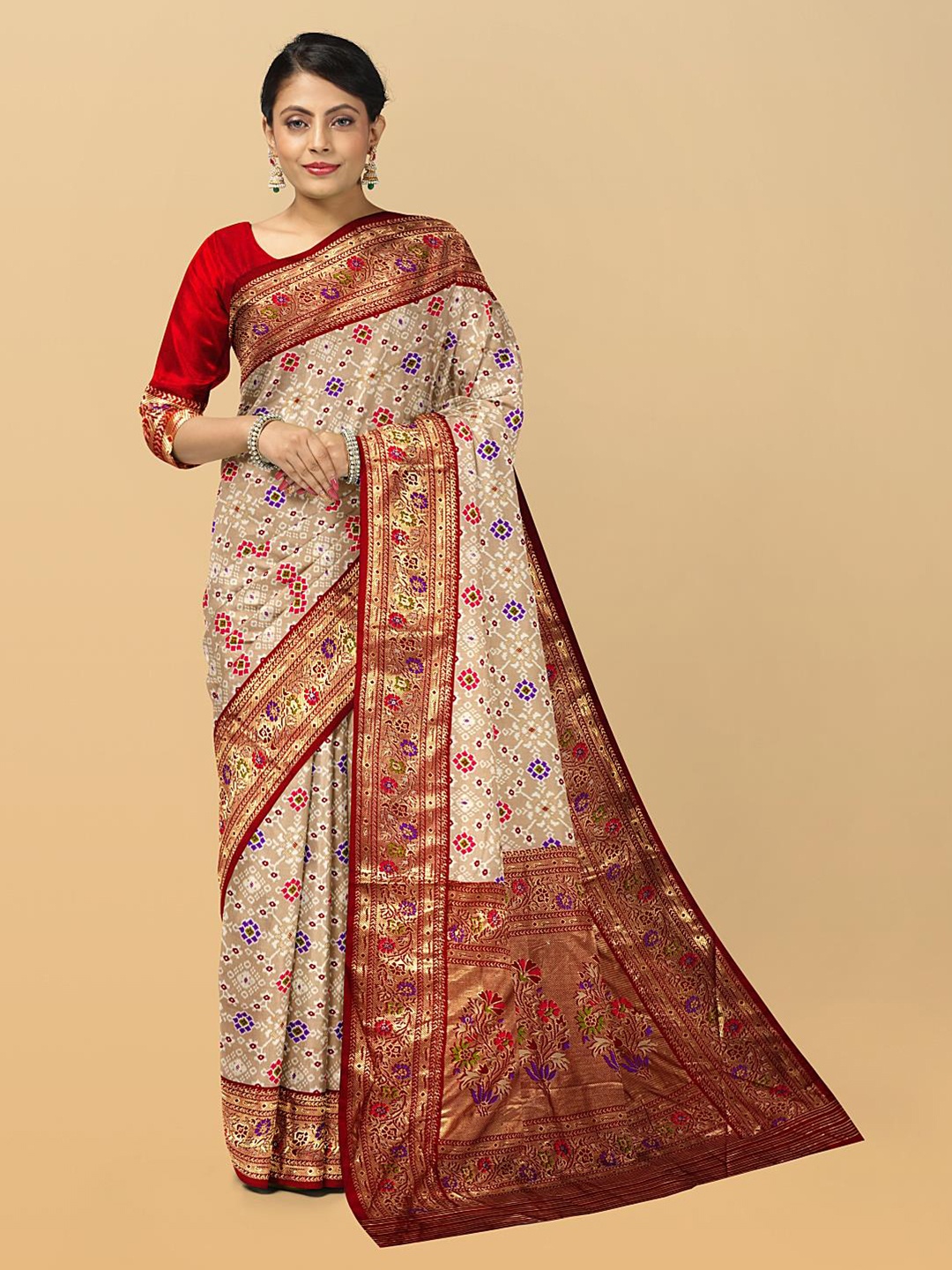 Kalamandir Floral Print Silk Blend Zari Saree With Blouse Piece, Cream