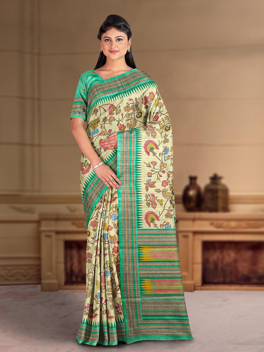 Kalamandir Ethnic Motifs Printed Saree, Beige