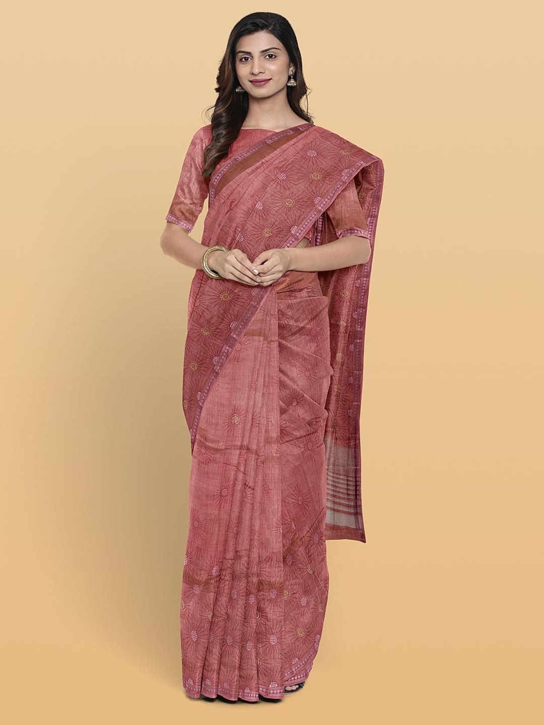 Kalamandir Abstract Printed Zari Pashmina Saree, Brown
