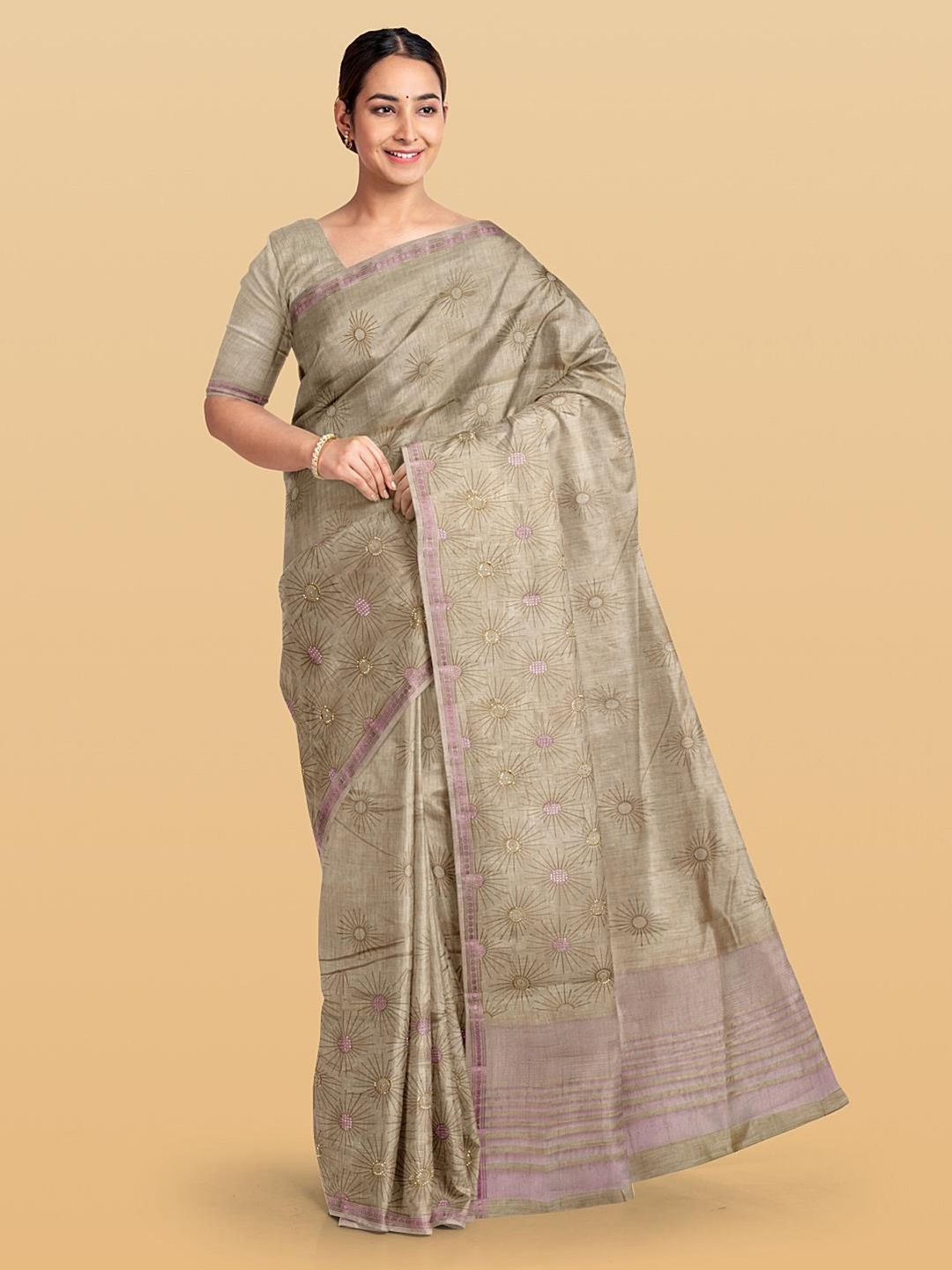 Kalamandir Abstract Printed Zari Pashmina Saree, Brown