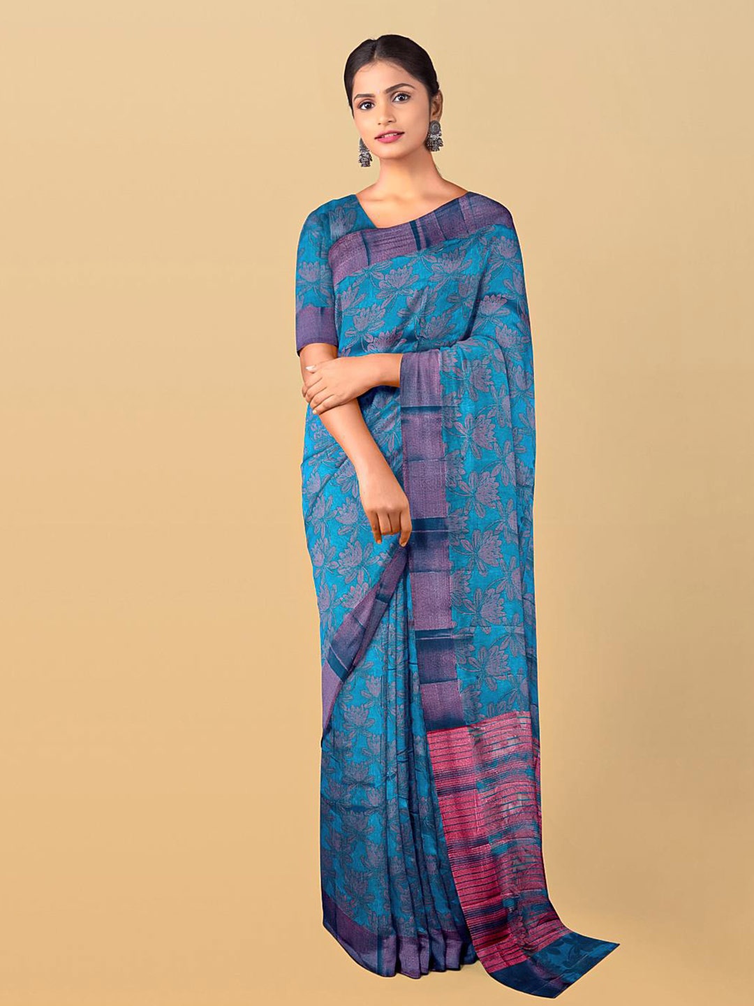 Kalamandir Floral Printed Pashmina Saree, Blue