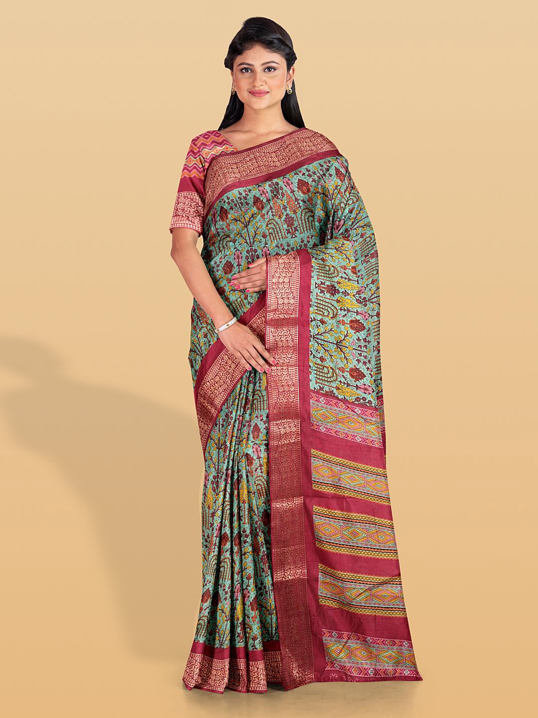 Kalamandir Floral Printed Zari Saree, Sea green