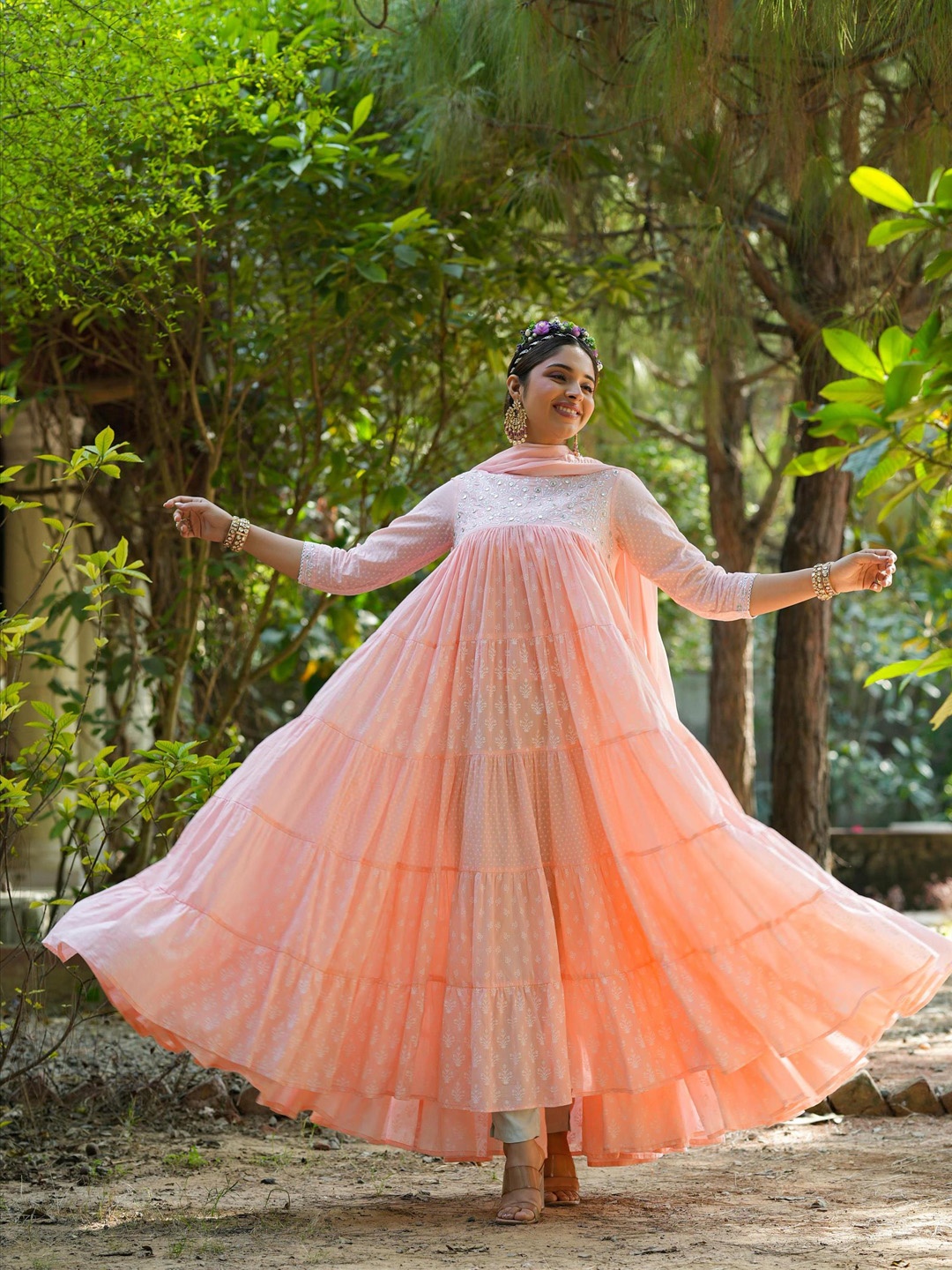 SCAKHI Printed Tiered Mirror Work Ethnic Gown Shaped Maxi Dress With Chiffon Dupatta, Peach
SCAKHI Printed Tiered Mirror Work Ethnic Gown Shaped Maxi Dress With Chiffon Dupatta, Peach
