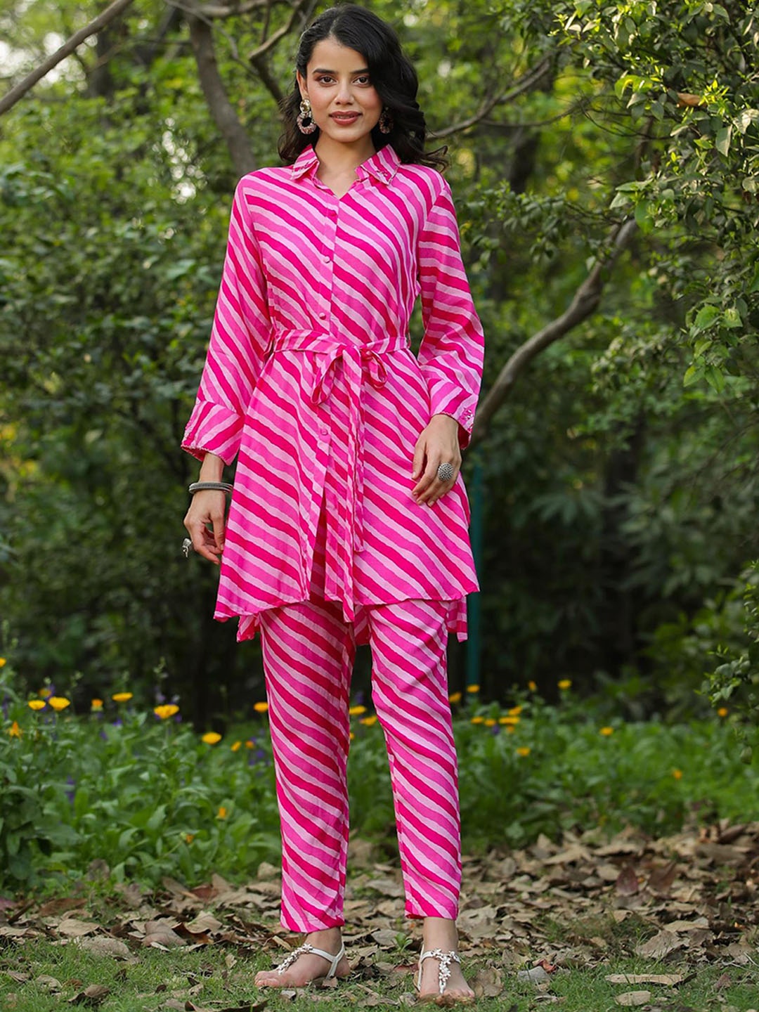 SCAKHI Printed A Line Tunic With Trouser Co-Ord Set, Pink