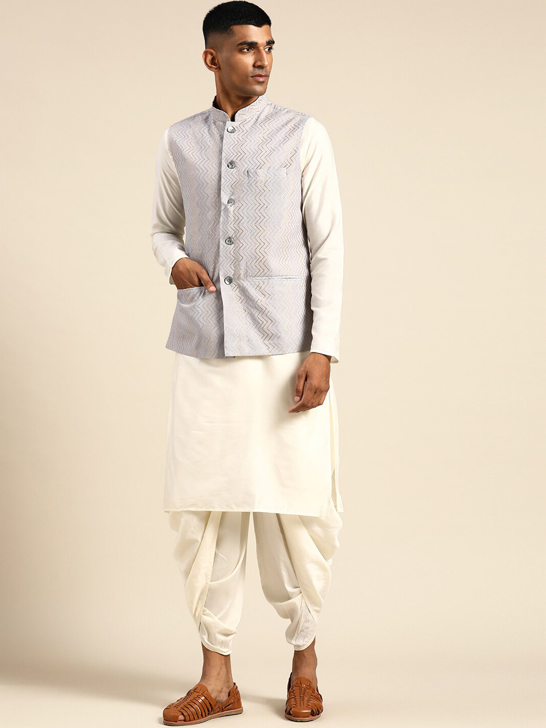 KISAH Mandarin Collar Pure Cotton Kurta & Dhoti Pants with Embroidered Nehru Jacket Set, Grey
KISAH Mandarin Collar Pure Cotton Kurta & Dhoti Pants with Embroidered Nehru Jacket Set, Grey