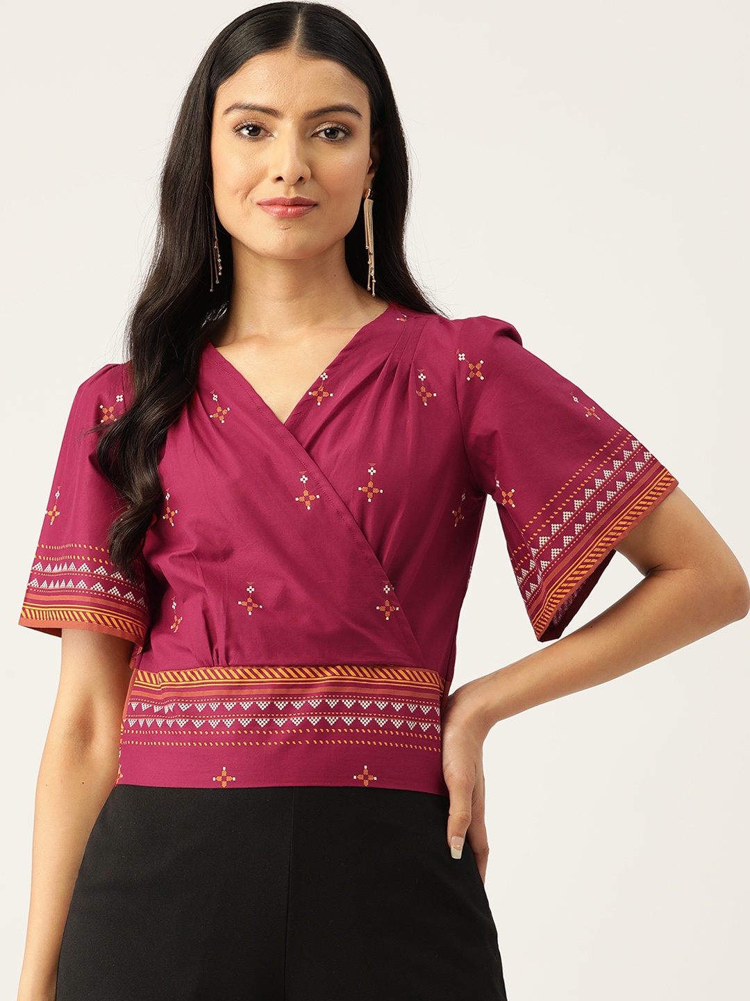 ZIZO By Namrata Bajaj Ethnic Motifs Print Flared Sleeves Pure Cotton Blouson Crop Top, Maroon
ZIZO By Namrata Bajaj Ethnic Motifs Print Flared Sleeves Pure Cotton Blouson Crop Top, Maroon