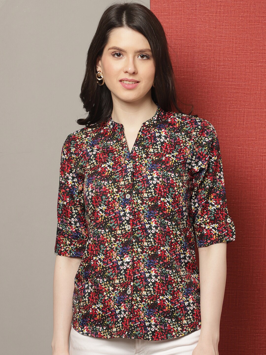 GRACIT Floral Printed Notched Neck Crepe Shirt Style Top, Multi