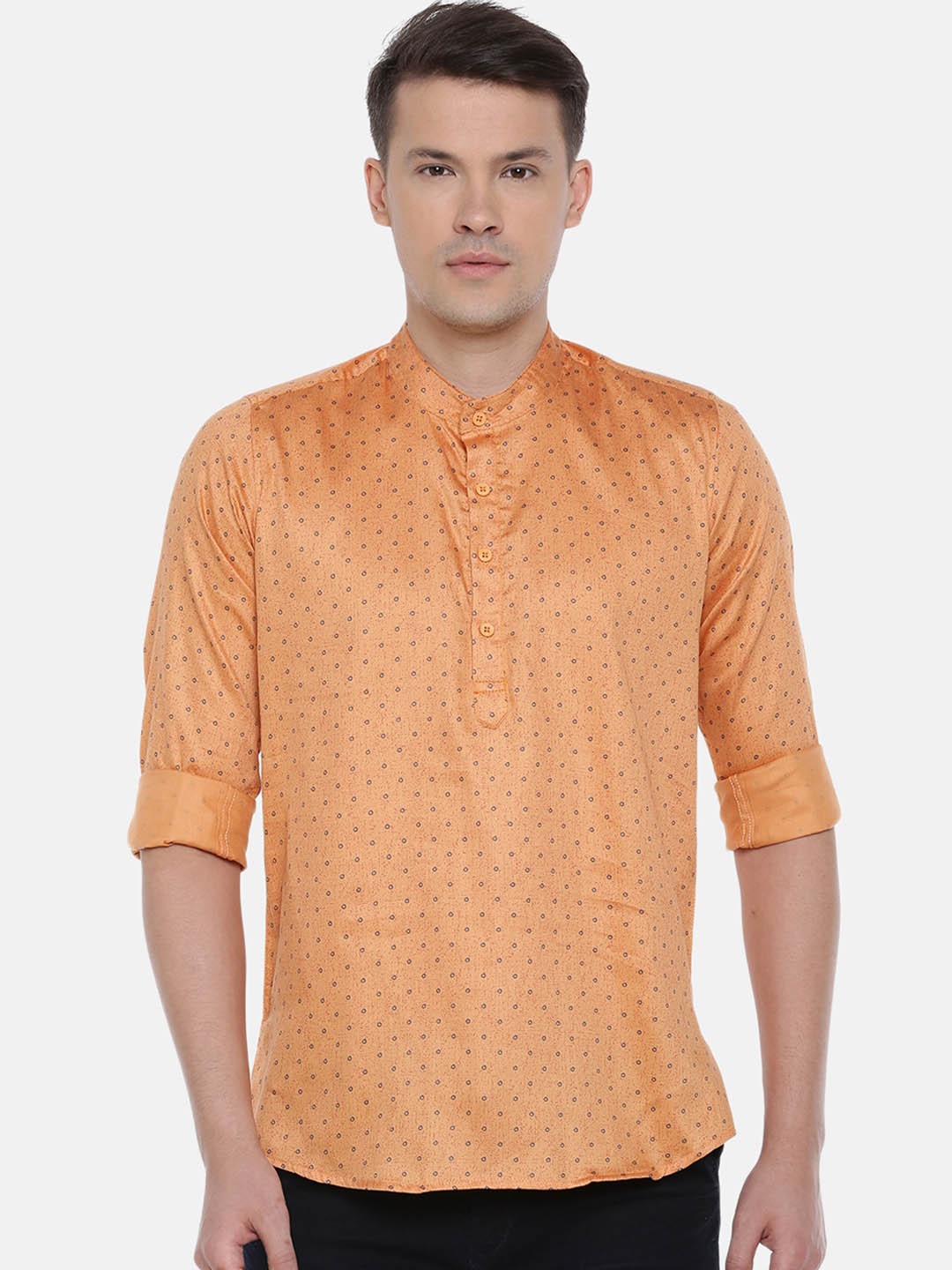 Cross Court Geometric Printed Mandarin Collar Straight Kurta, Orange