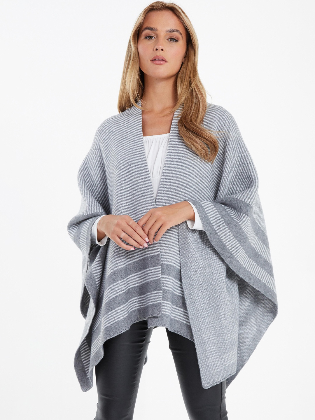 QUIZ Striped Three-Quarter Sleeves Asymmetric Hem Regular Shrug, Grey