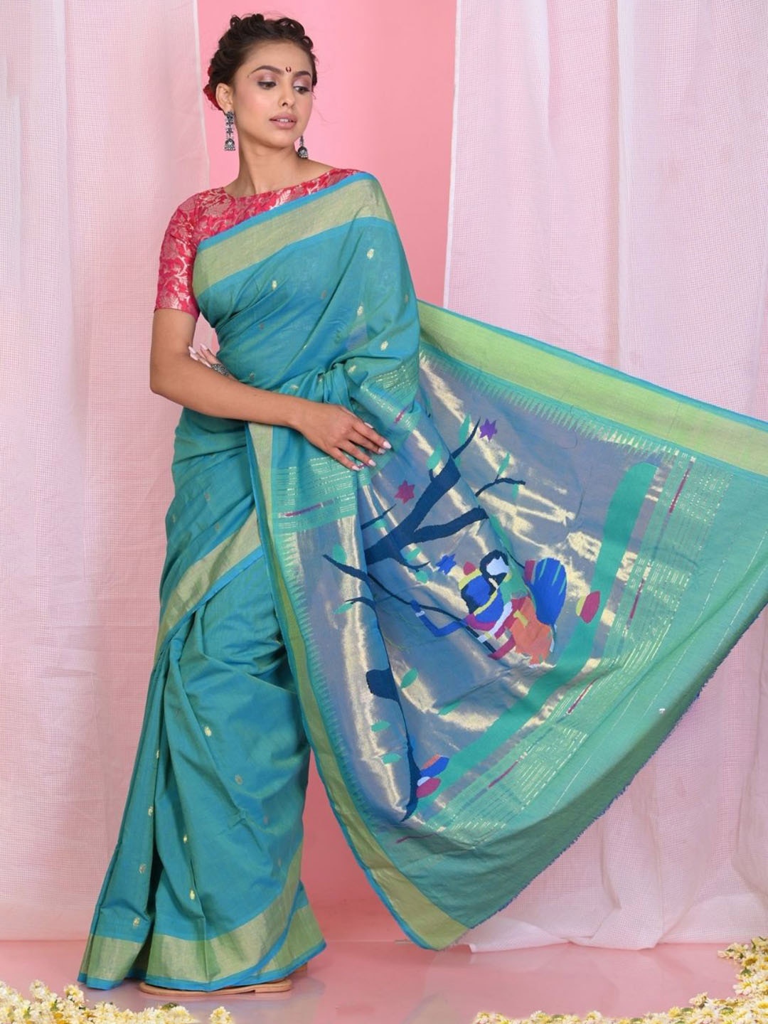 Very Much Indian Ethnic Motif Woven Design Zari Pure Cotton Paithani Saree, Turquoise blue
Very Much Indian Ethnic Motif Woven Design Zari Pure Cotton Paithani Saree, Turquoise blue