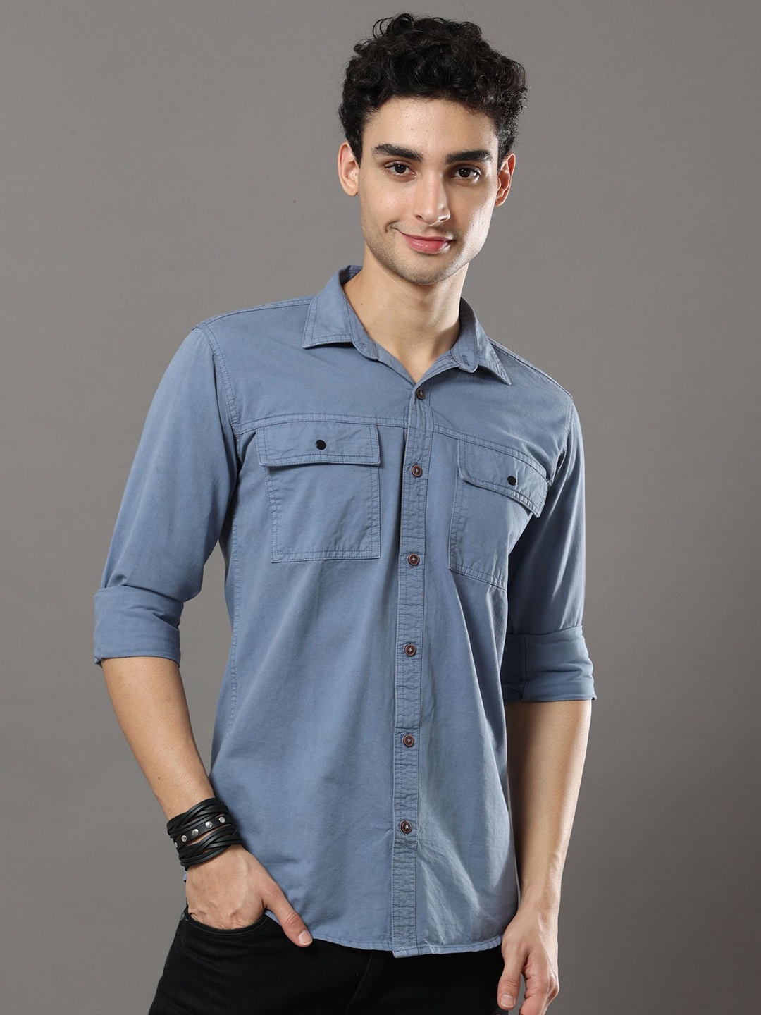 Reslag Spread Collar Cotton Slim Fit Casual Shirt, Blue