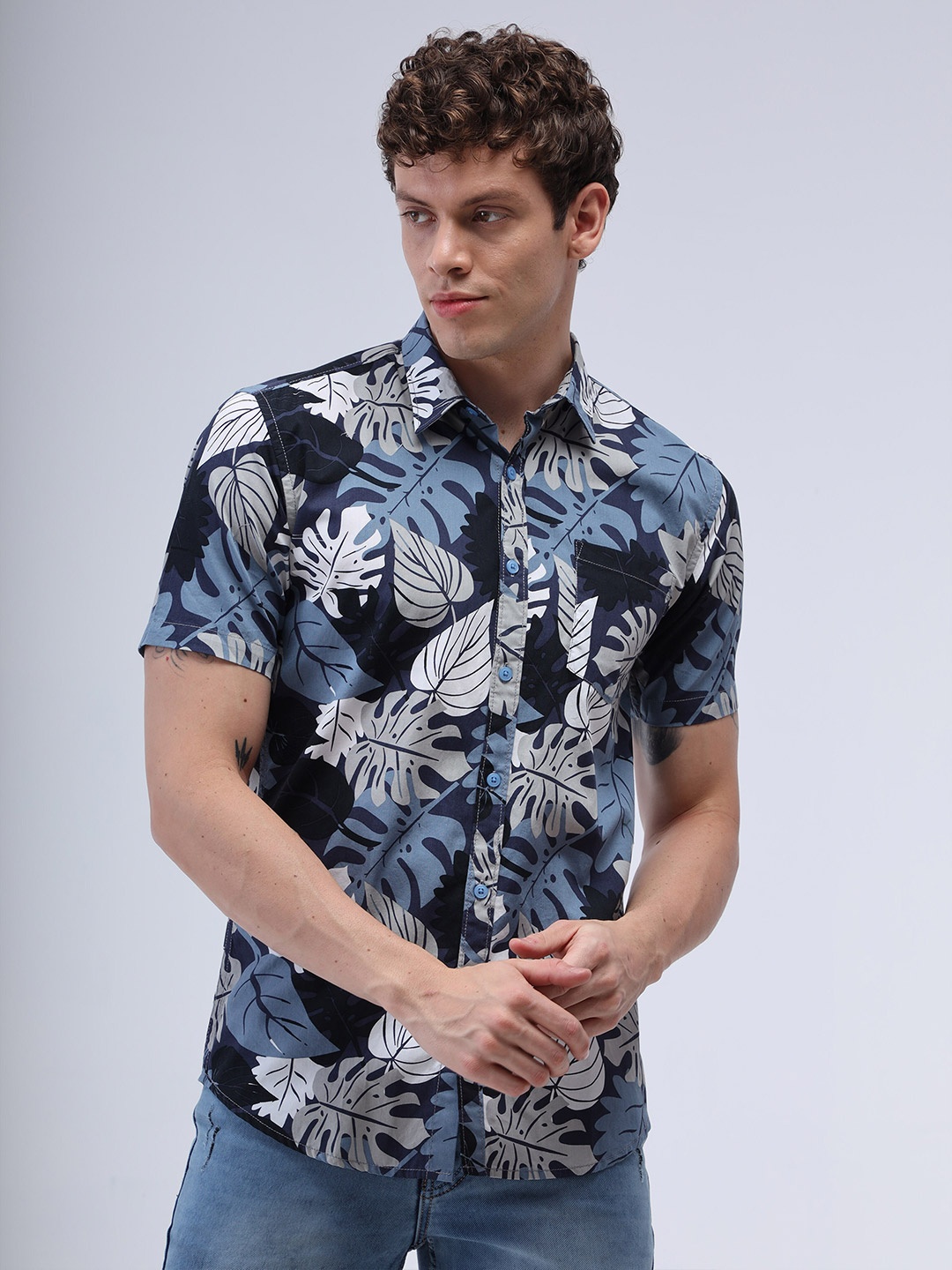 Reslag Tropical Printed Cotton Slim Fit Casual Shirt, Navy blue