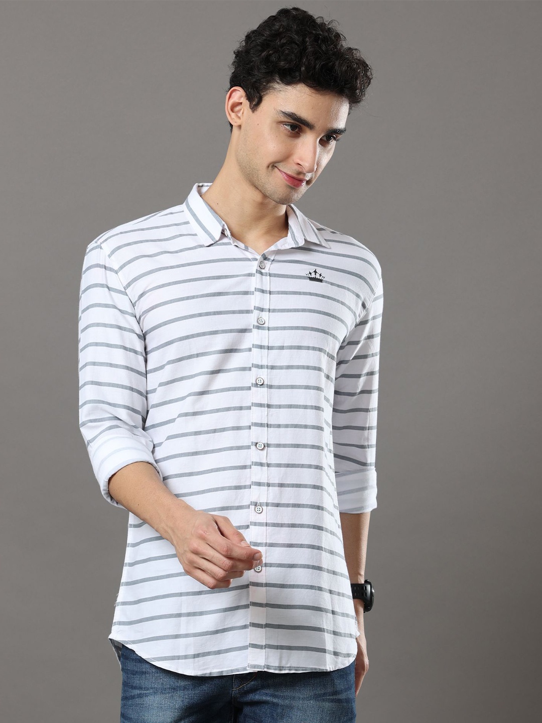 Reslag Slim Fit Horizontal Stripes Cotton Casual Shirt, Grey