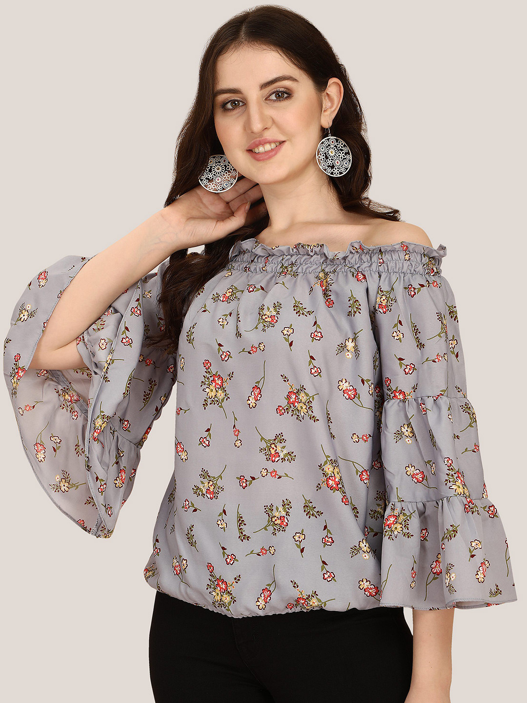 Oomph! Floral Printed Off-Shoulder Bell Sleeve Bardot Top, Grey
Oomph! Floral Printed Off-Shoulder Bell Sleeve Bardot Top, Grey