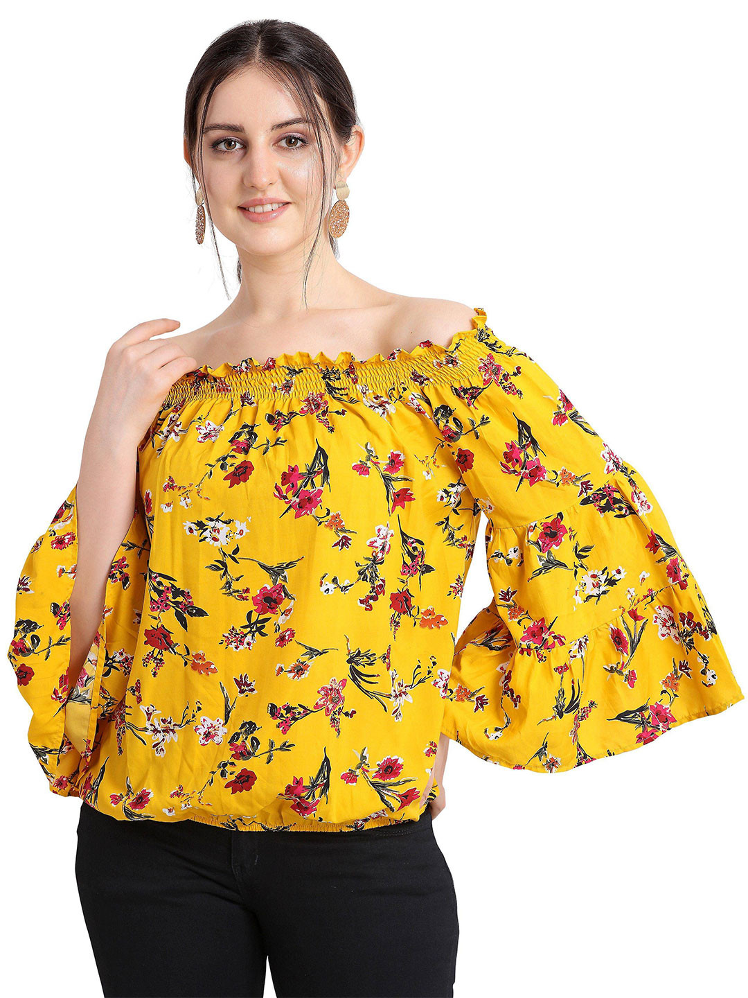 Oomph! Yellow Floral Printed Off-Shoulder Flared Sleeve Smocked Bardot Top 
Oomph! Yellow Floral Printed Off-Shoulder Flared Sleeve Smocked Bardot Top