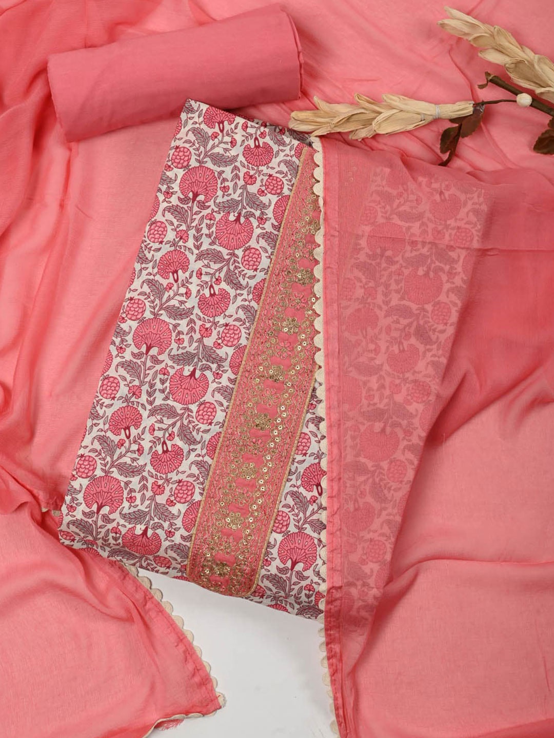 Meena Bazaar Printed Unstitched Dress Material, Pink
