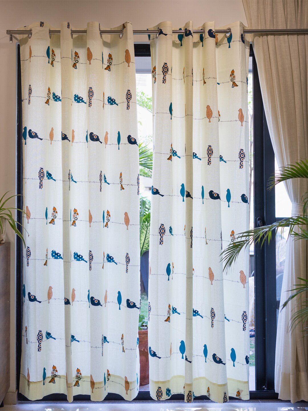 URBAN SPACE Blue & White 2 Pieces Quirky Printed Cotton Window Curtains